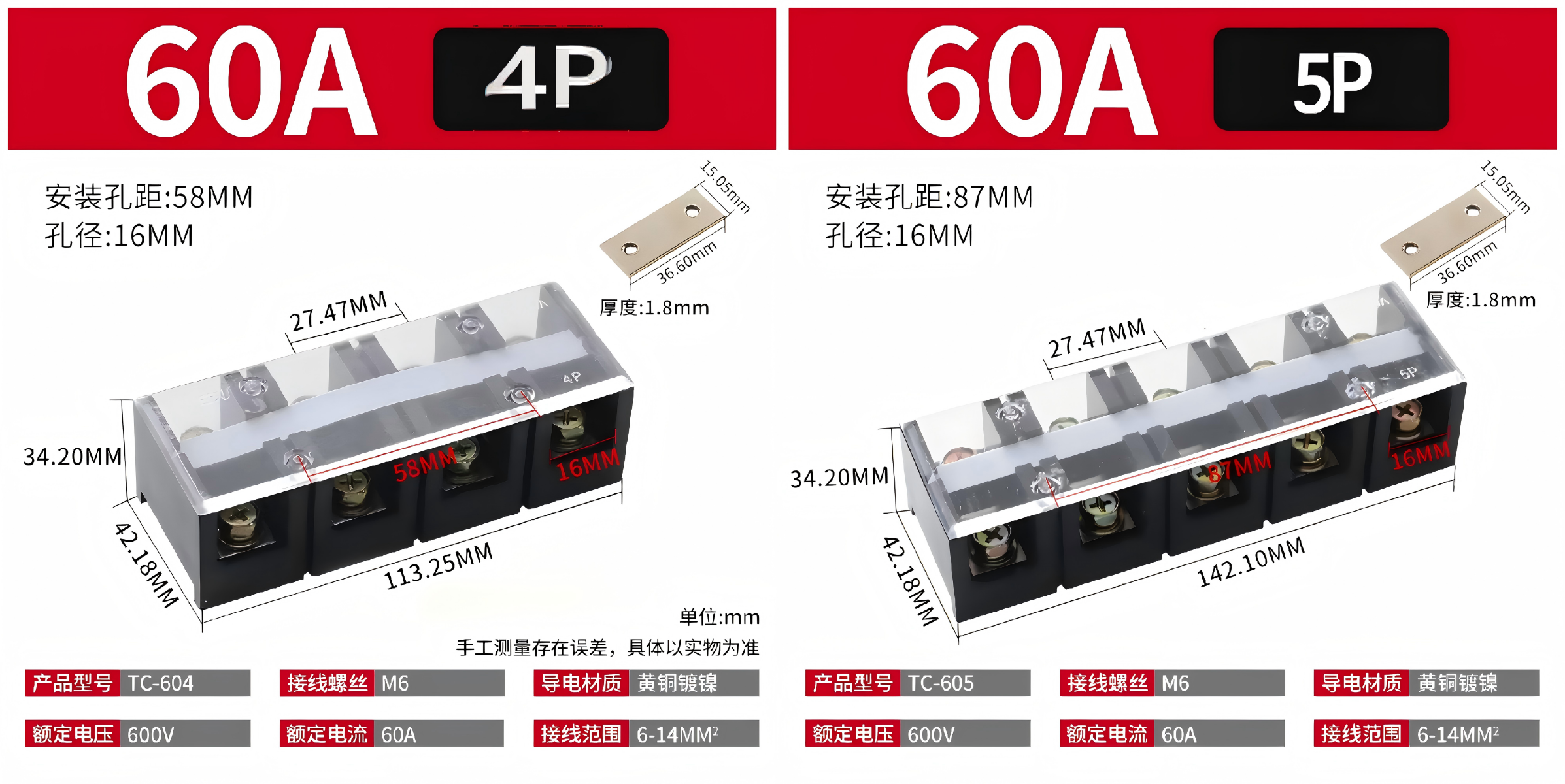 TC-603 high current fixed pure copper barrier terminal strip power distribution terminal block