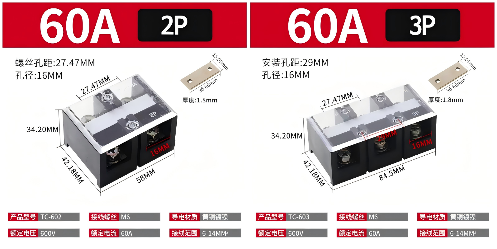 TC-603 high current fixed pure copper barrier terminal strip power distribution terminal block