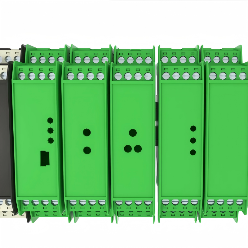 Green 17.5mm MCR-T-UI-E compatible DIN rail module enclosure full interchangeable replacement for Phoenix MCR-T-UI-E, for temperature transmitter, signal isolator and intrinsic safety barrier PCB assembly