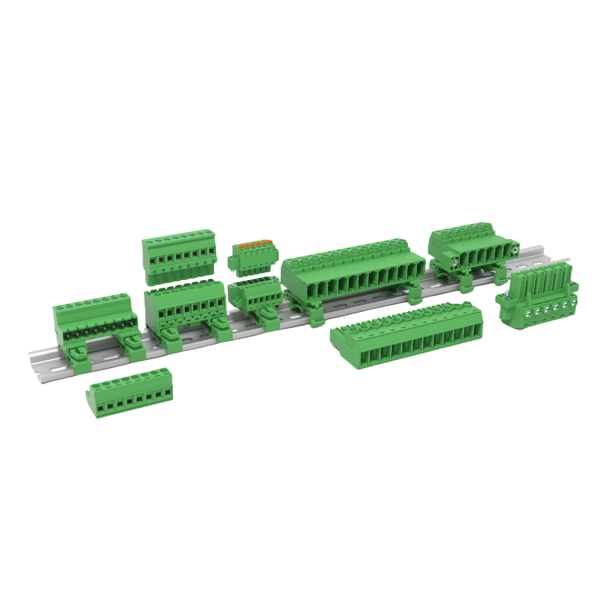 Green plug-in PCB terminal block set including detachable female wire plug and vertical/right-angle PCB mount male header for industrial circuit board wiring