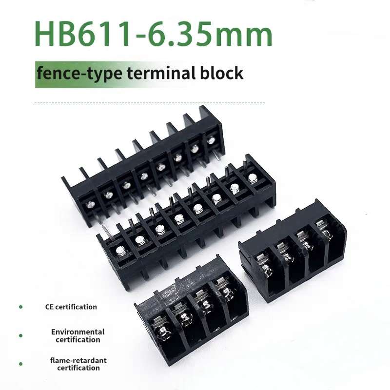 HB611 6.35mm pitch 2-12P open type black barrier PCB power terminal block