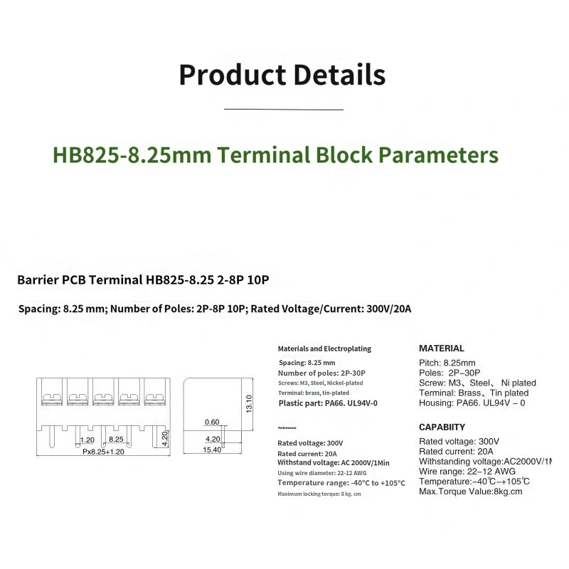 HB825 8.25mm pitch 2-24P middle foot black barrier PCB power terminal block
