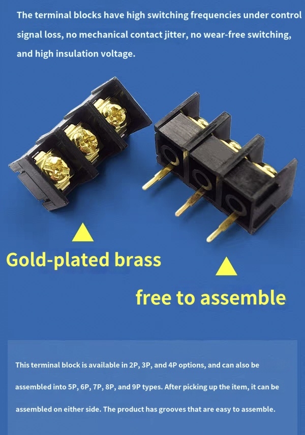 KF1000/DG1000 are splicable barrier PCB terminal blocks with 10.0mm large pitch for high-power circuit connection.
Modular splicing structure allows users to freely combine required pole numbers from 2P to 24P flexibly.
Conductive parts adopt gold plated copper to boost oxidation resistance and keep stable conductive performance in long-term usage.
Housing is made of UL94-V0 flame retardant PA66 with outstanding insulation and anti-aging property.
Screw fastening design ensures compact wire connection without loose terminal failure.
Suitable for power supply, frequency converter, industrial controller and high-current PCB wiring projects.