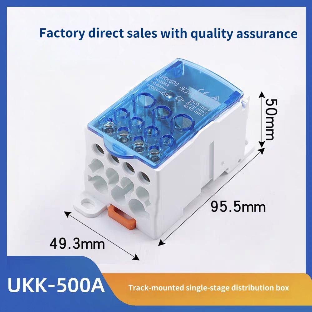 UKK series din rail power distribution terminal block 80A 125A 160A 250A 400A 500A unipolar single in multiple out junction box transparent cover