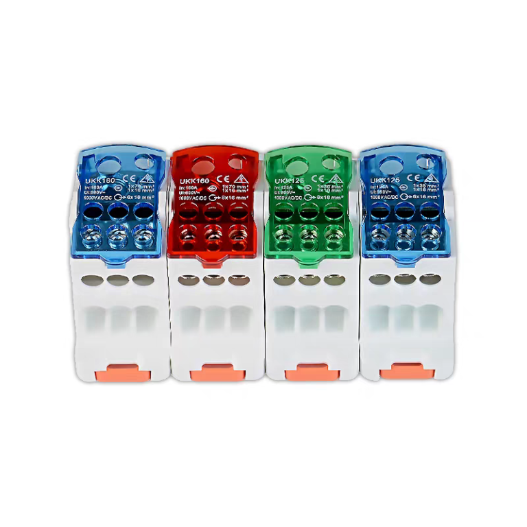 UKK series din rail power distribution terminal block 80A 125A 160A 250A 400A 500A unipolar single in multiple out junction box transparent cover