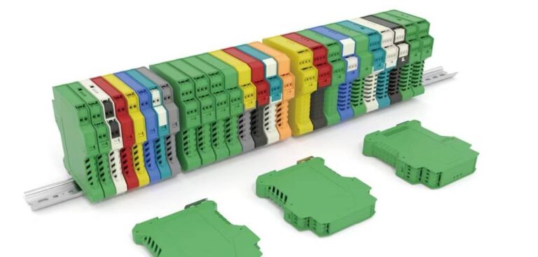 Modular DIN rail controller enclosures in green yellow blue red grey white and black snap-mounted on DIN rail