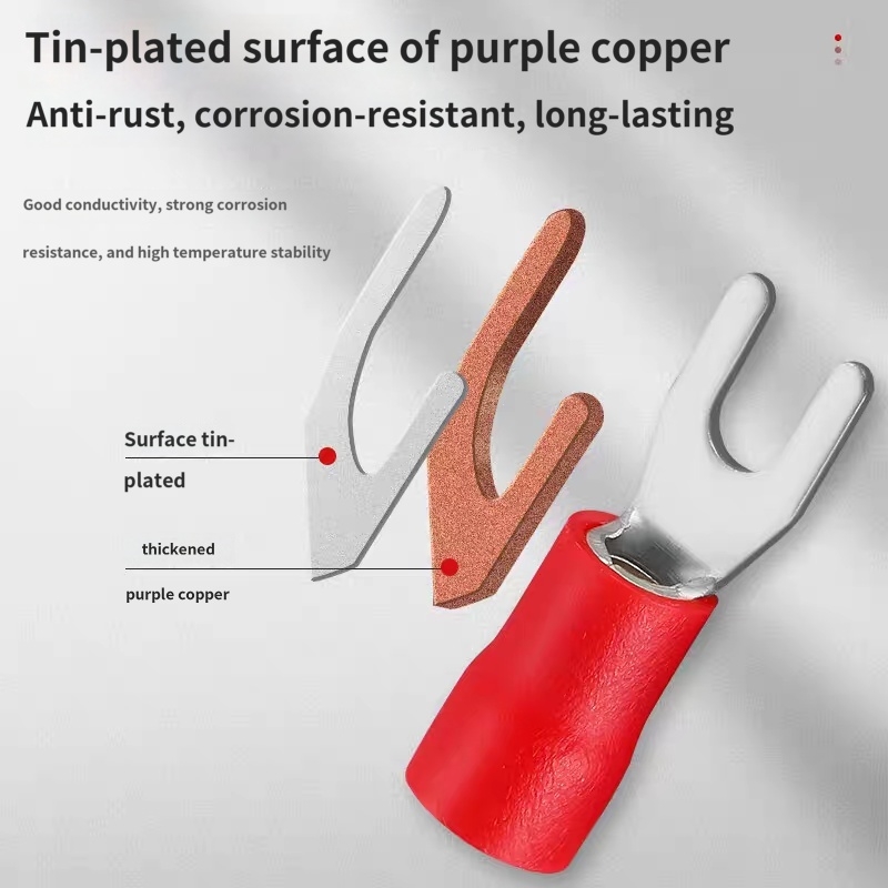 Crimping effect demonstration with crimping pliers on red fork terminal