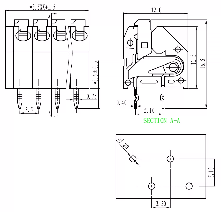 DG250 KF250 3.5mm terminal dimension drawing staggered pins