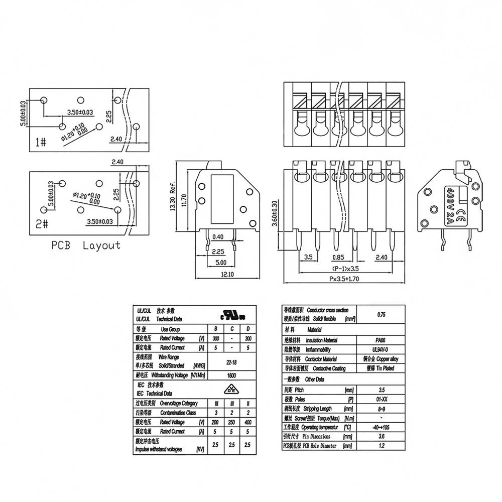 KF250 3.5mm terminal dimensions and PCB layout